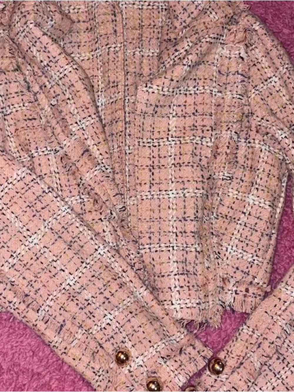 Shasa Pink Tweed Blazer with Gold Button Cuffs